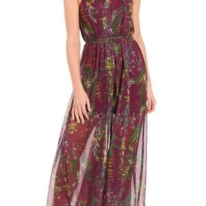 London Times Sleeveless Halter Wide Leg Jumpsuit Romper Purple Plum Floral, 8